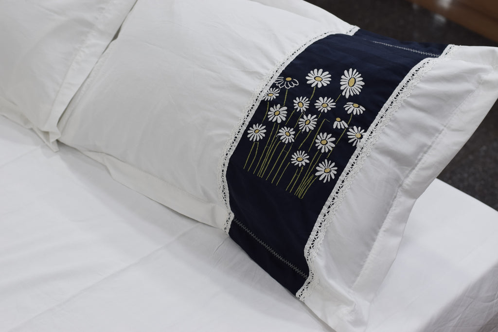 King Size White Bedspread Set with Navy Blue Floral Embroidery | 1 Bedspread + 2 Pillow Covers | Elegant Cotton Bedding