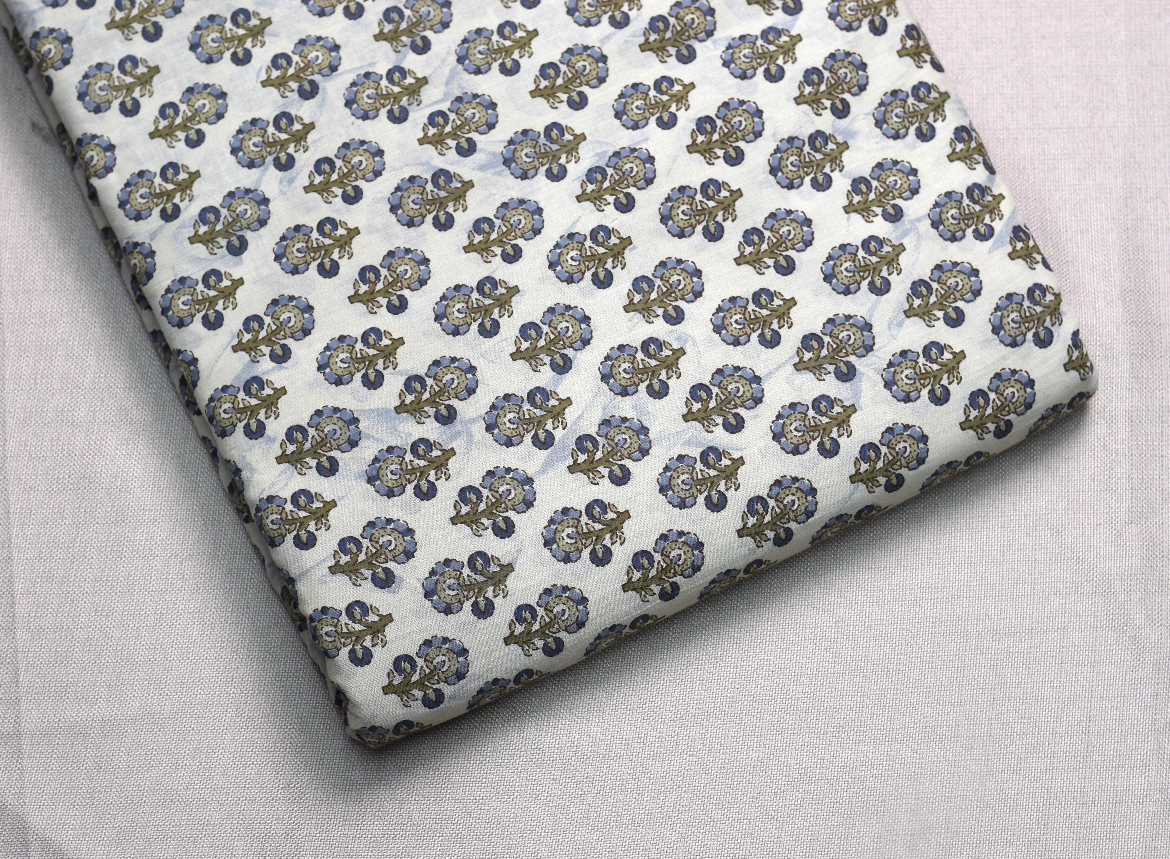 Blue Floral Soft Cotton Dress Material Set with Dupatta – 44” Width