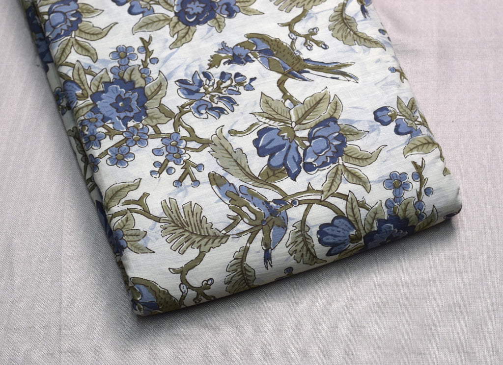 Blue Floral Soft Cotton Dress Material Set with Dupatta – 44” Width