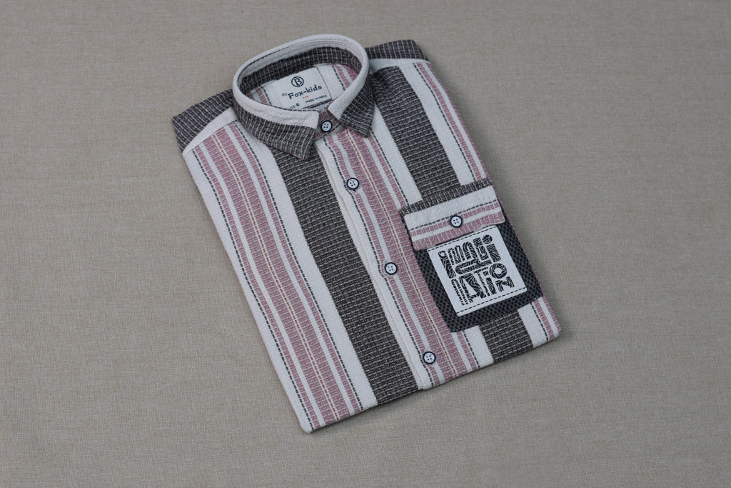 Kids Full Sleeve Striped Cotton Shirt – Pink, White & Charcoal Grey Casual Button-Down Shirt