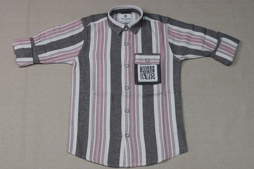 Kids Full Sleeve Striped Cotton Shirt – Pink, White & Charcoal Grey Casual Button-Down Shirt