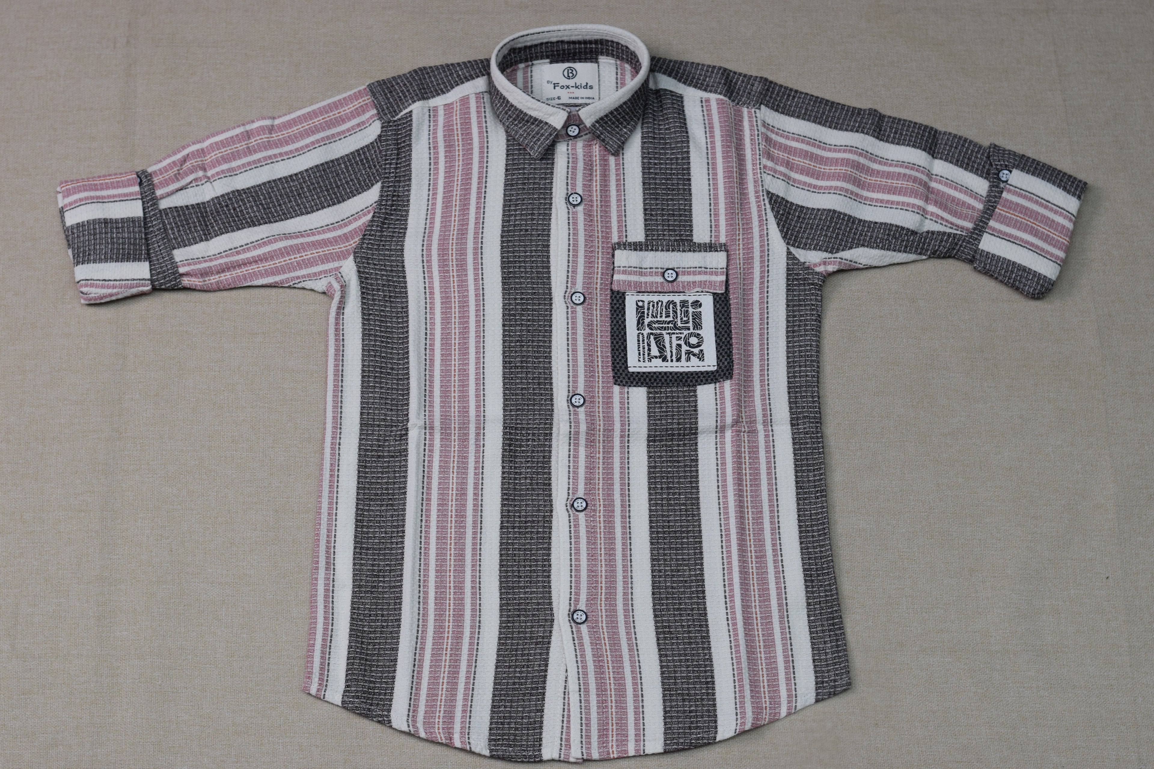 Kids Full Sleeve Striped Cotton Shirt – Pink, White & Charcoal Grey Casual Button-Down Shirt