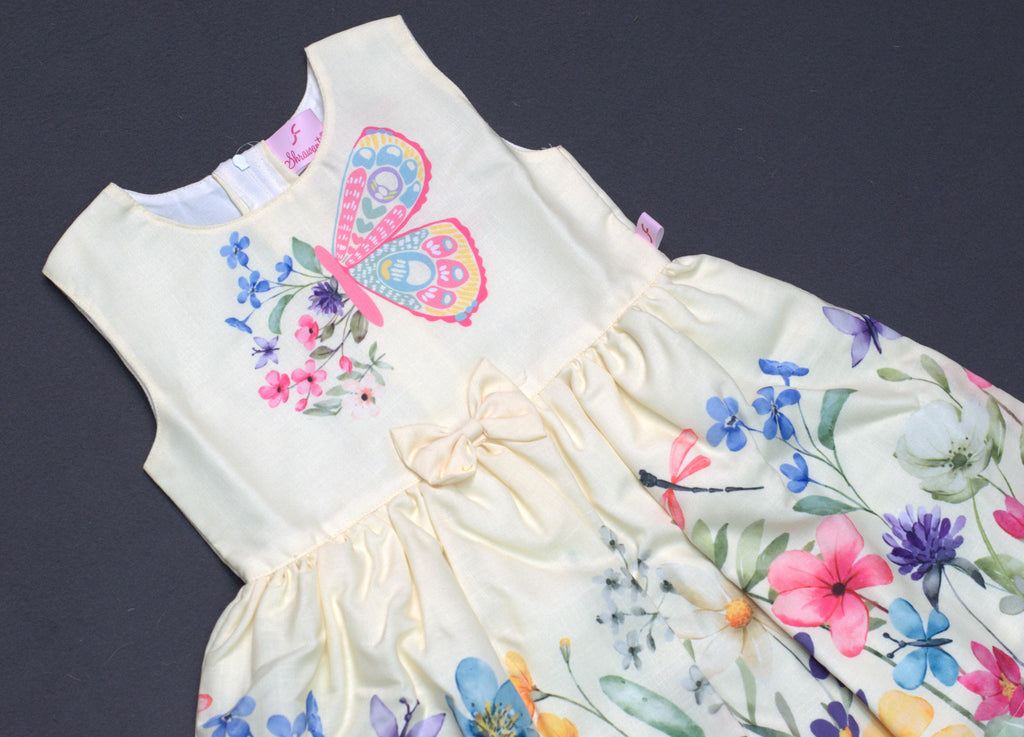 Elegant Butterfly & Floral Semi-Linen Kids' Frock