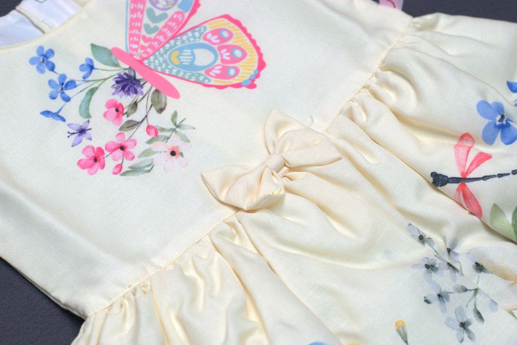 Elegant Butterfly & Floral Semi-Linen Kids' Frock