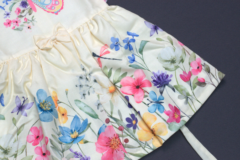 Elegant Butterfly & Floral Semi-Linen Kids' Frock