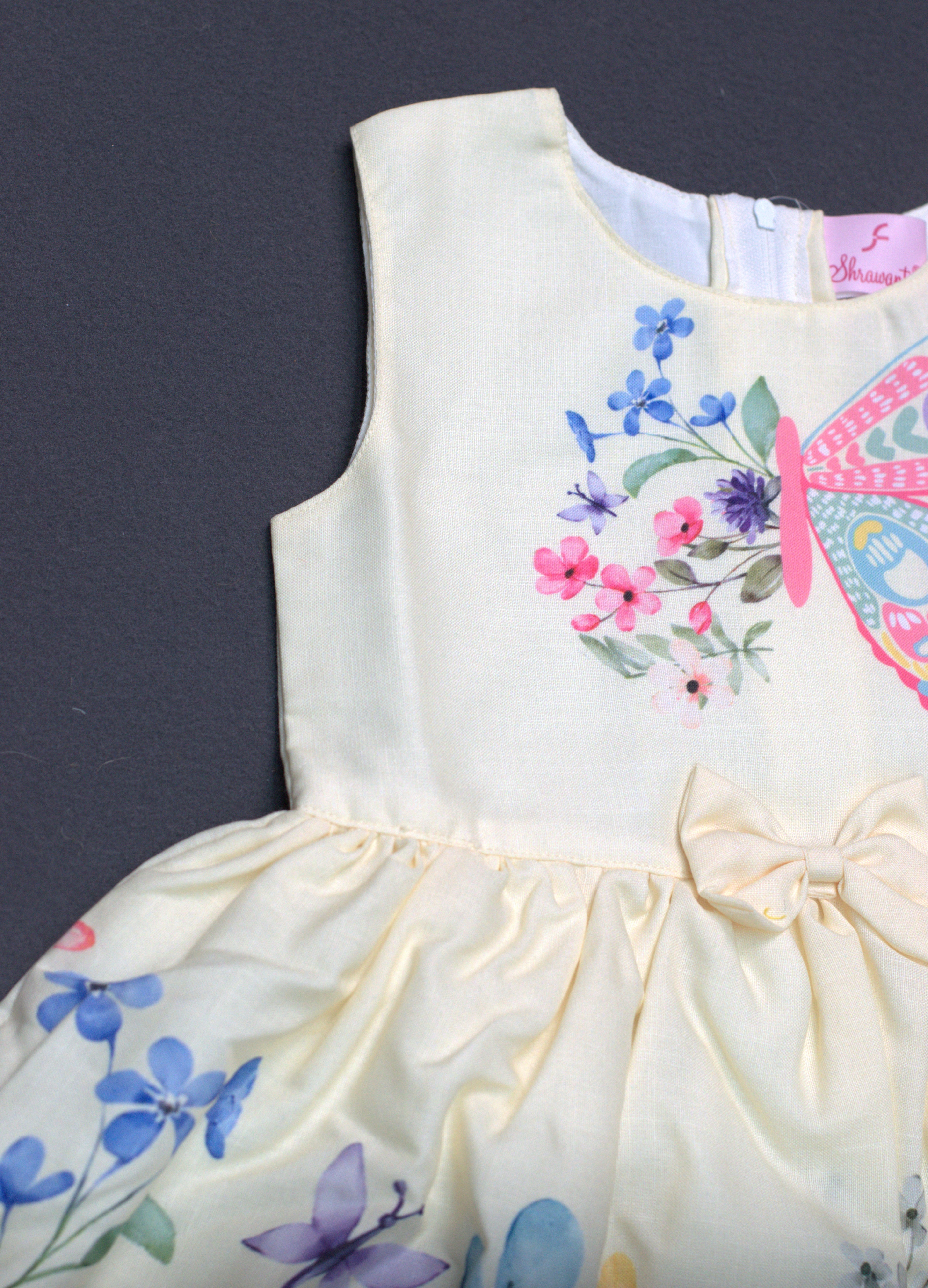 Elegant Butterfly & Floral Semi-Linen Kids' Frock