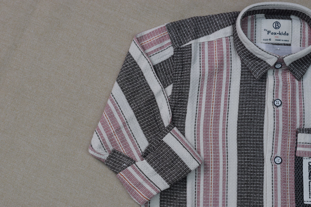 Kids Full Sleeve Striped Cotton Shirt – Pink, White & Charcoal Grey Casual Button-Down Shirt