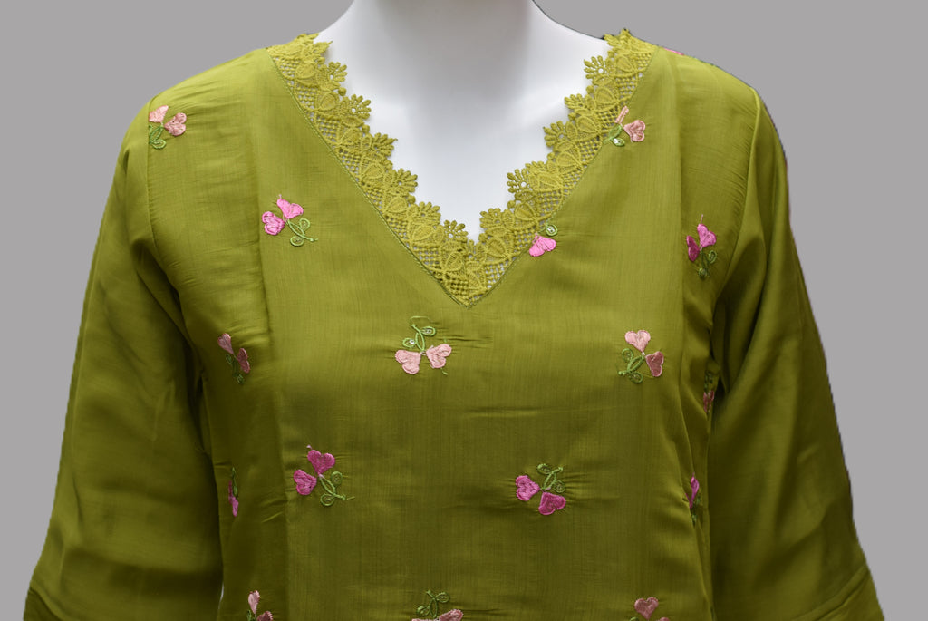 Olive Green Embroidered A-Line Women’s Top | Floral Embroidery | 3/4 Sleeves