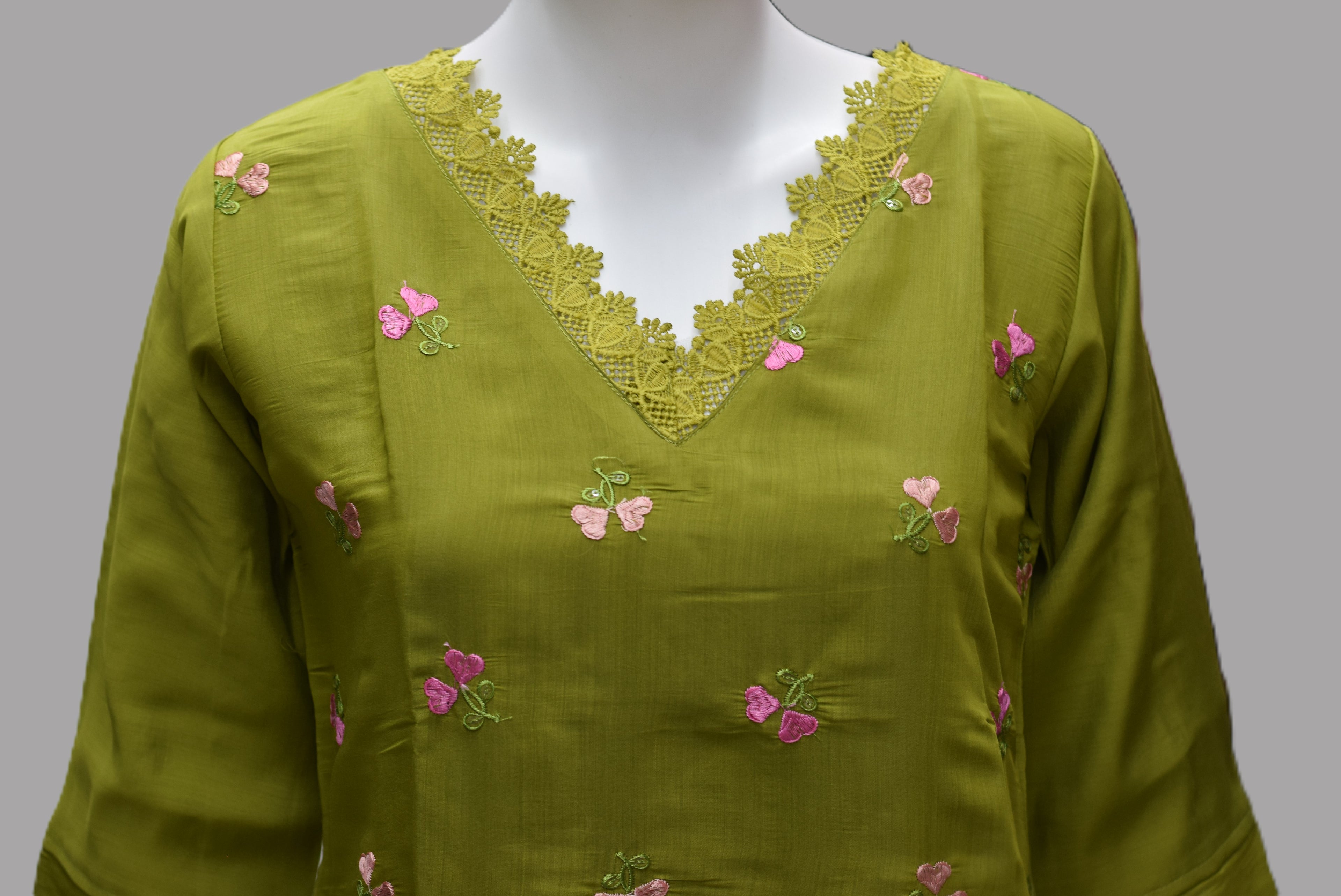Olive Green Embroidered A-Line Women’s Top | Floral Embroidery | 3/4 Sleeves