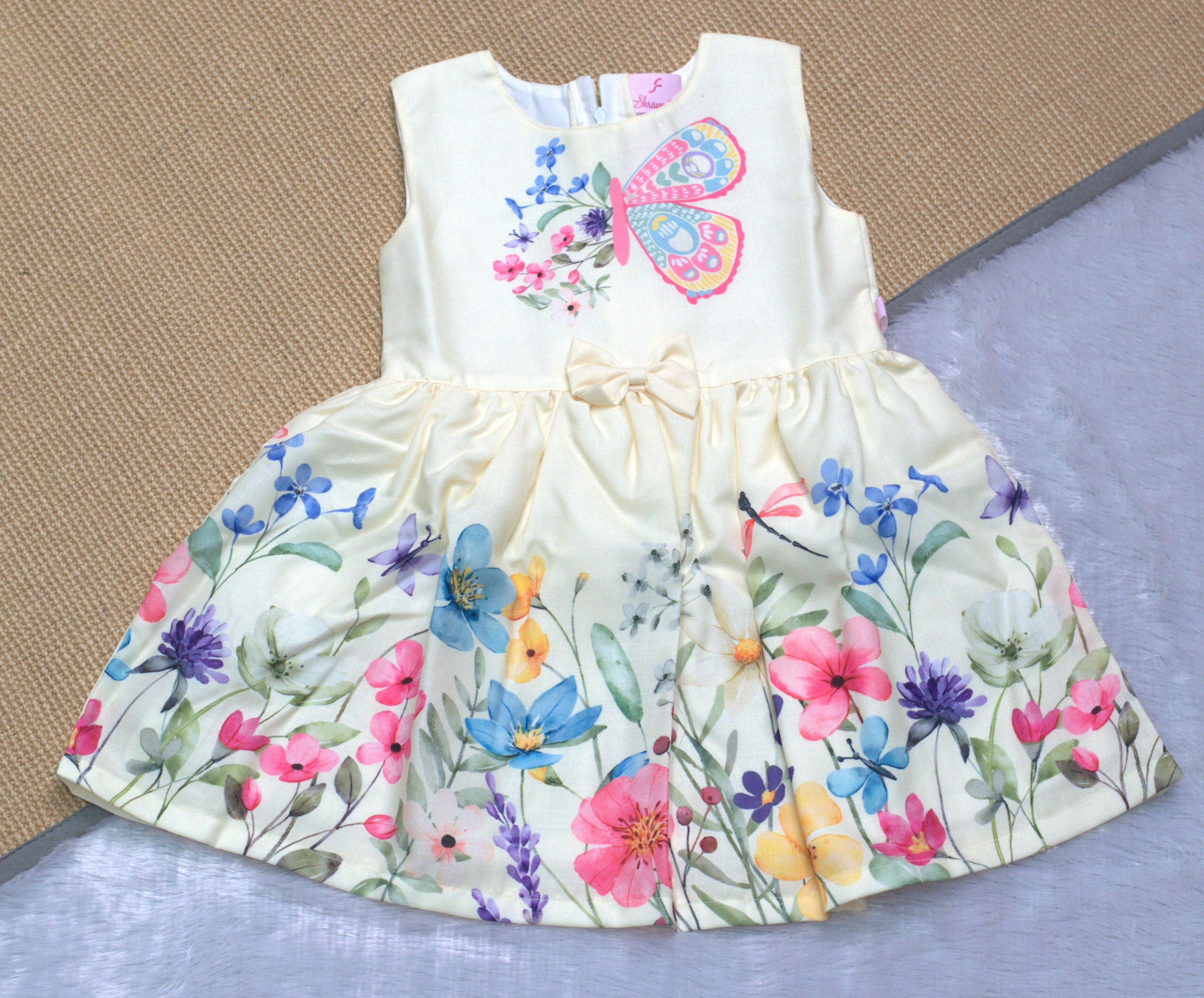 Elegant Butterfly & Floral Semi-Linen Kids' Frock
