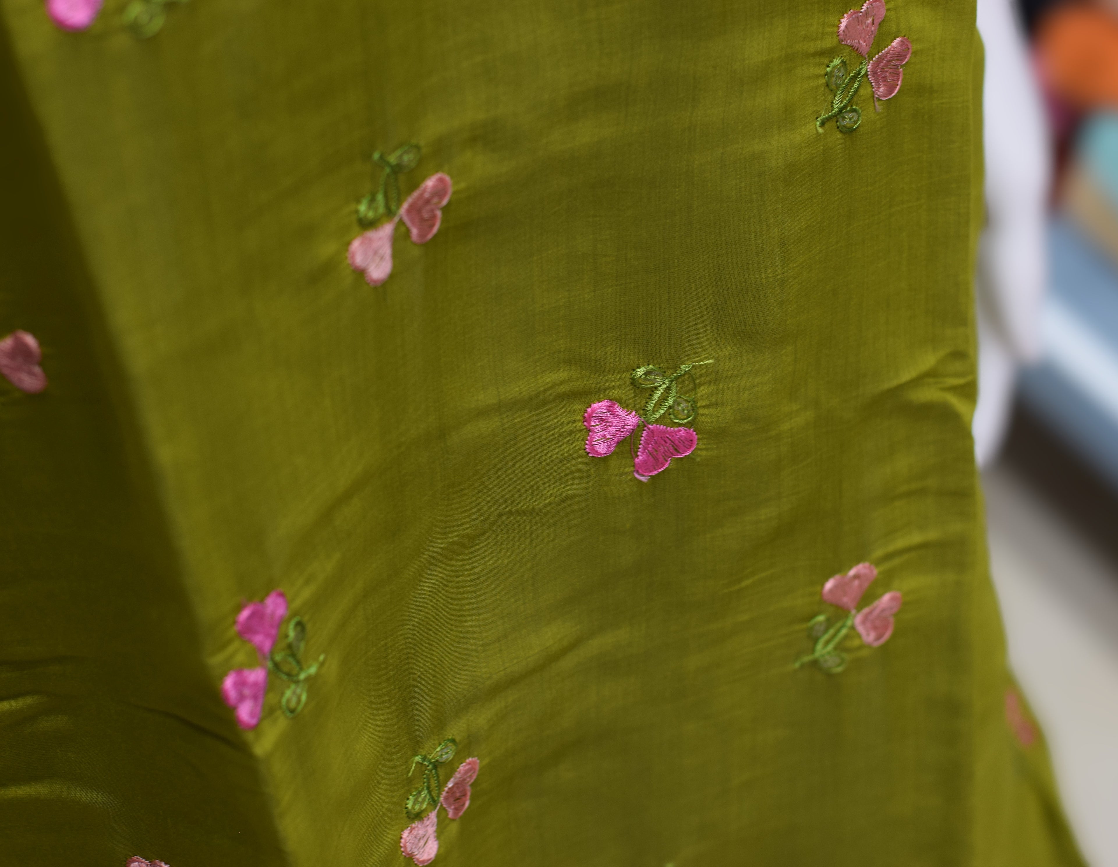 Olive Green Embroidered A-Line Women’s Top | Floral Embroidery | 3/4 Sleeves