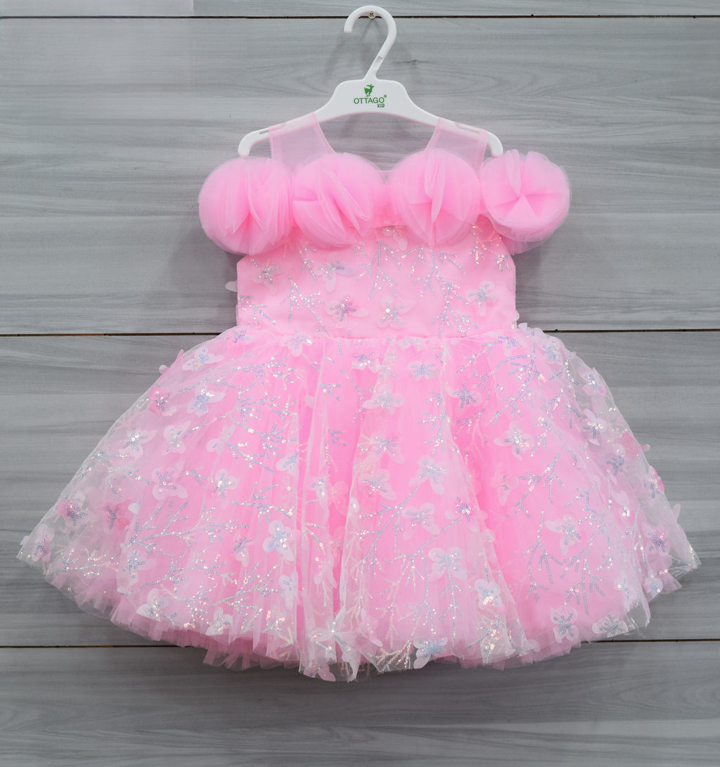 Pink Fancy Baby Girl Frock with Floral Sequin Embroidery