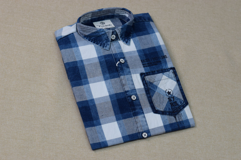 Kids Blue Checked Full Sleeve Cotton Shirt