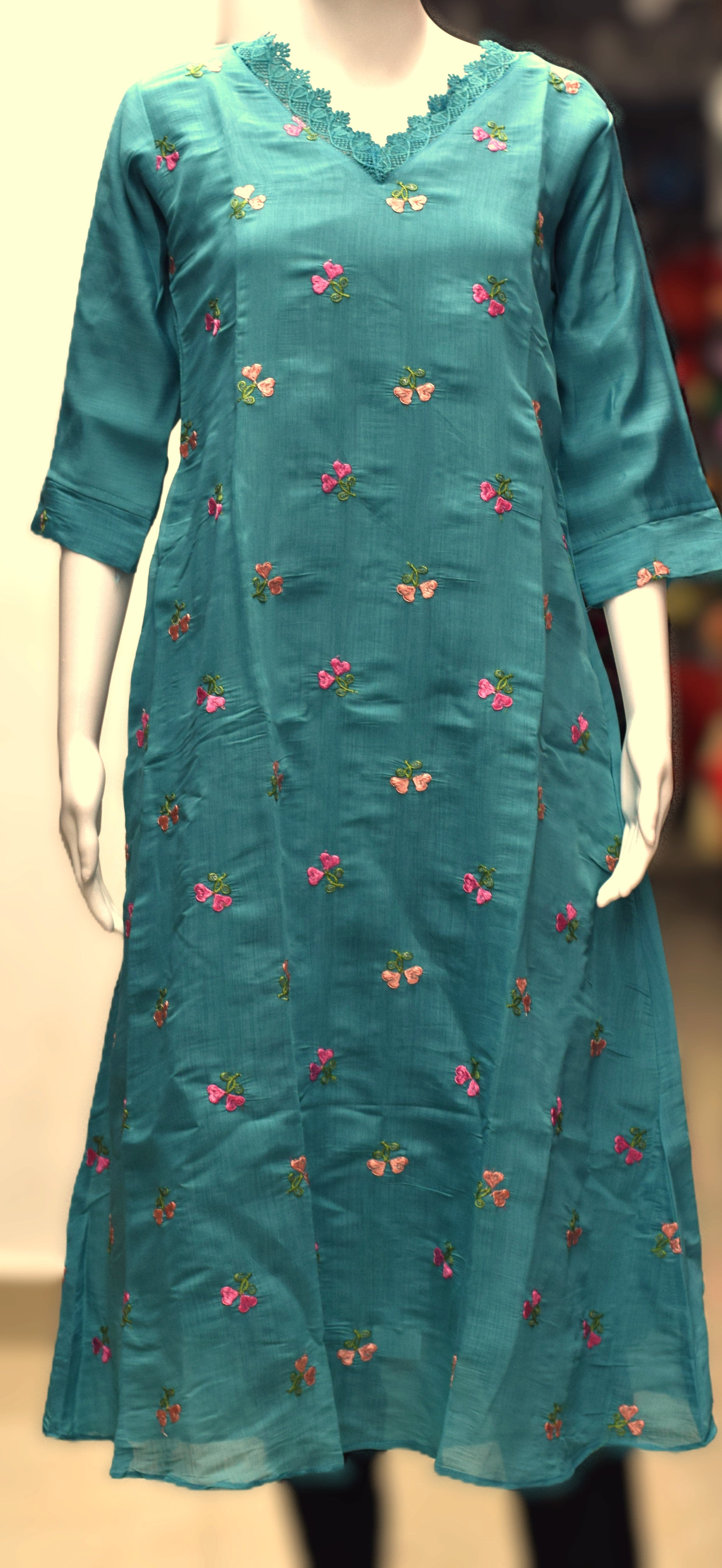 Sky Blue Embroidered Cotton Ladies Kurti Top – Floral Embroidery | V-Neck | 3/4 Sleeves-A-line kurti