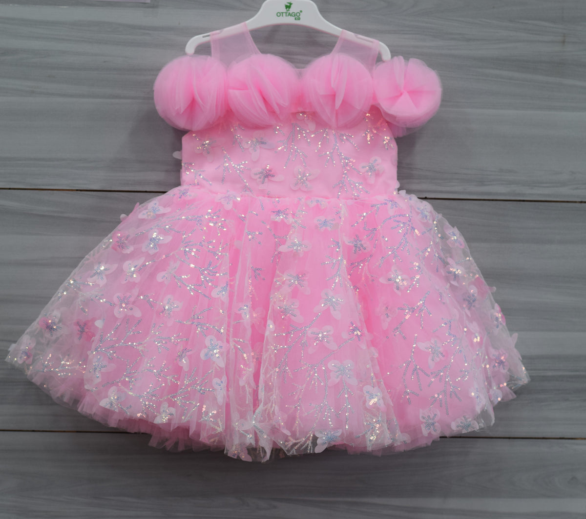 Pink Fancy Baby Girl Frock with Floral Sequin Embroidery