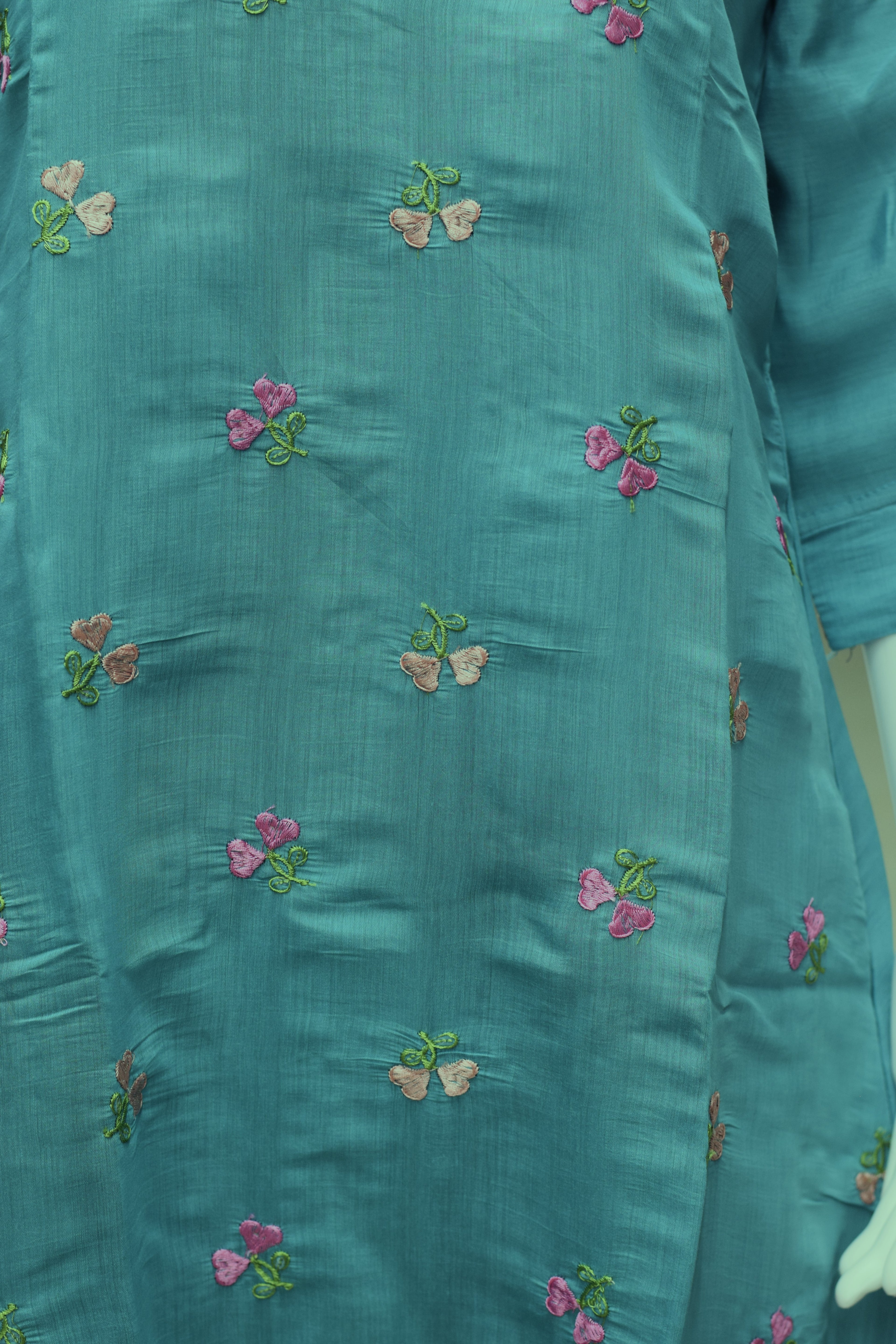 Sky Blue Embroidered Cotton Ladies Kurti Top – Floral Embroidery | V-Neck | 3/4 Sleeves-A-line kurti