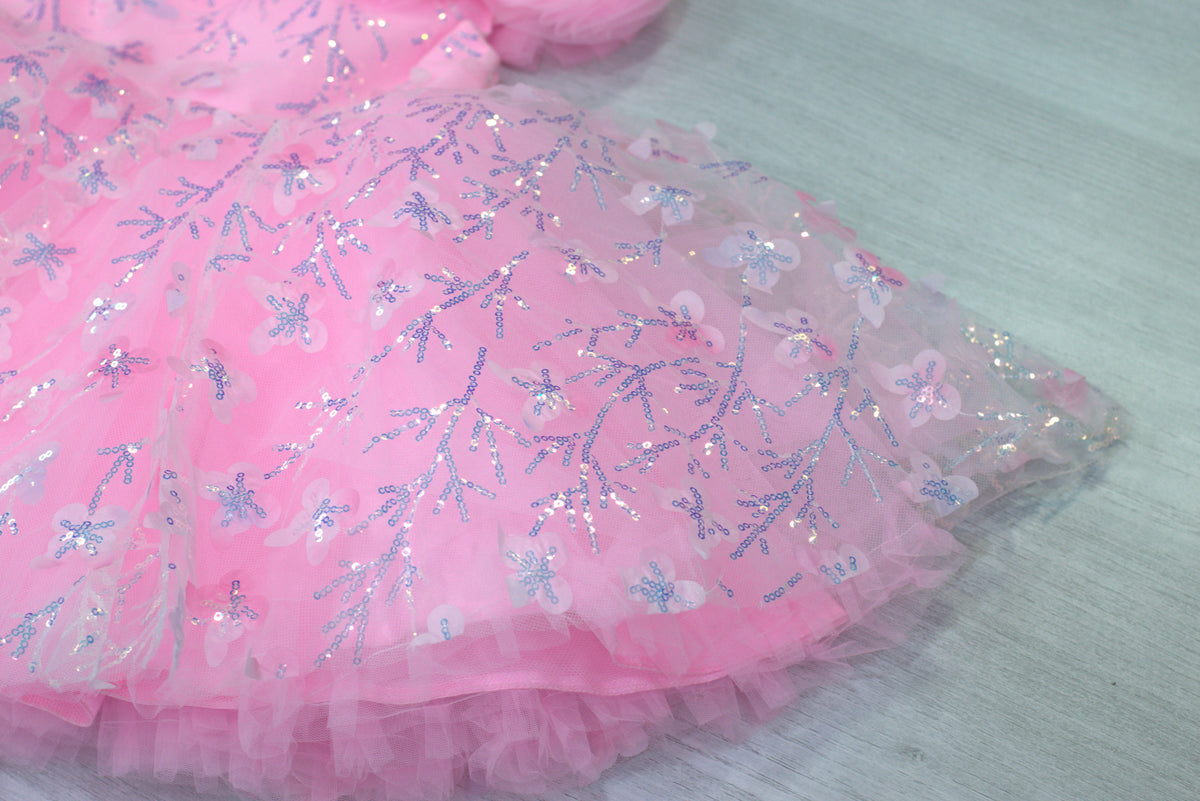 Pink Fancy Baby Girl Frock with Floral Sequin Embroidery