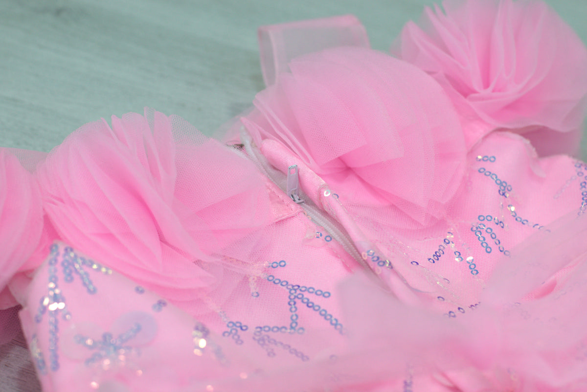 Pink Fancy Baby Girl Frock with Floral Sequin Embroidery