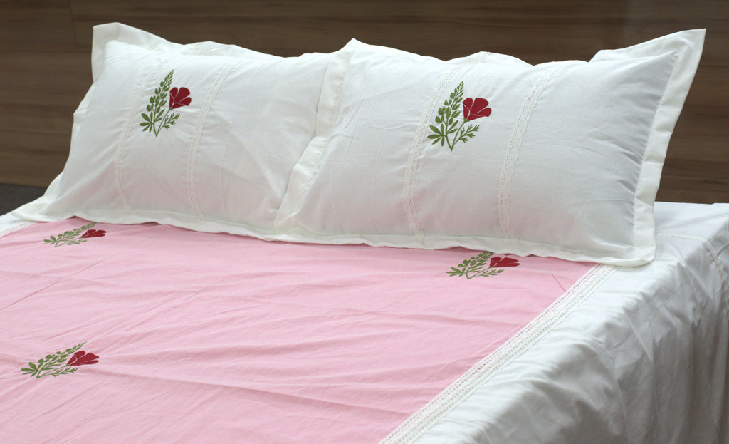 King Size Cotton Bedspread 100×106 Inches | Pink & White Floral Embroidered Bed Cover