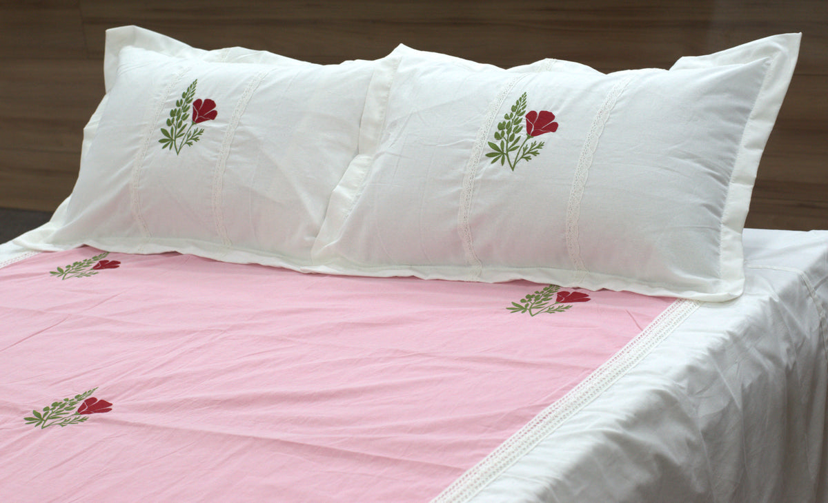 King Size Cotton Bedspread 100×106 Inches | Pink & White Floral Embroidered Bed Cover