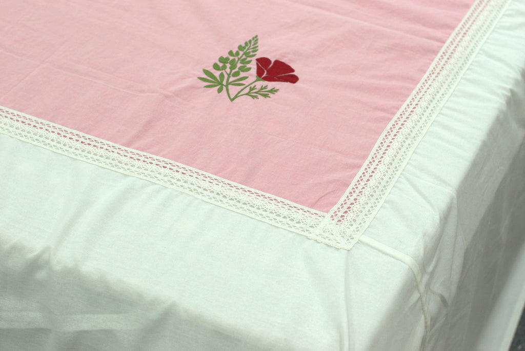 King Size Cotton Bedspread 100×106 Inches | Pink & White Floral Embroidered Bed Cover