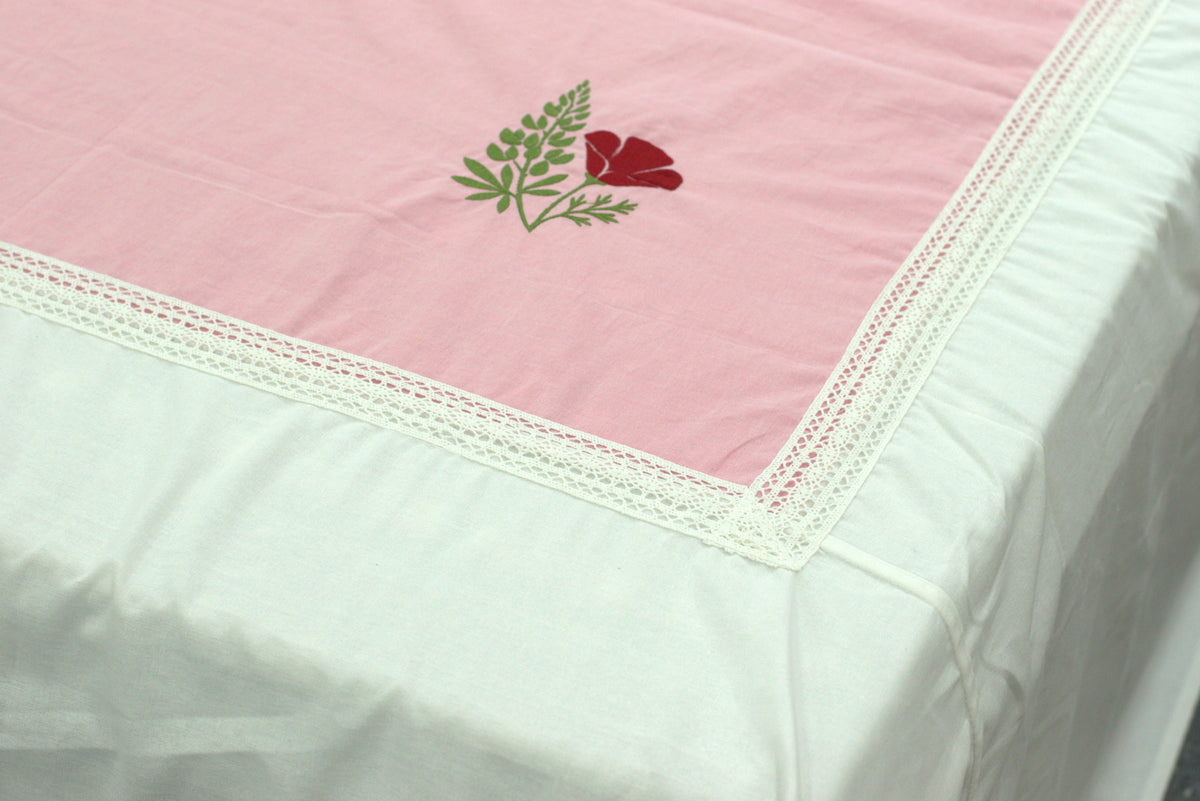 King Size Cotton Bedspread 100×106 Inches | Pink & White Floral Embroidered Bed Cover