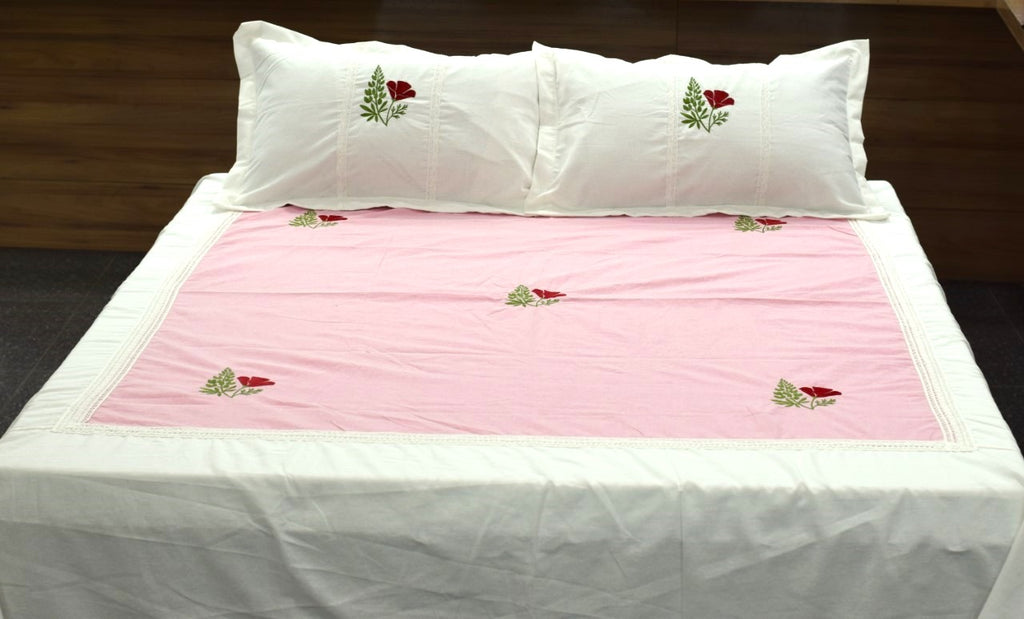 King Size Cotton Bedspread 100×106 Inches | Pink & White Floral Embroidered Bed Cover