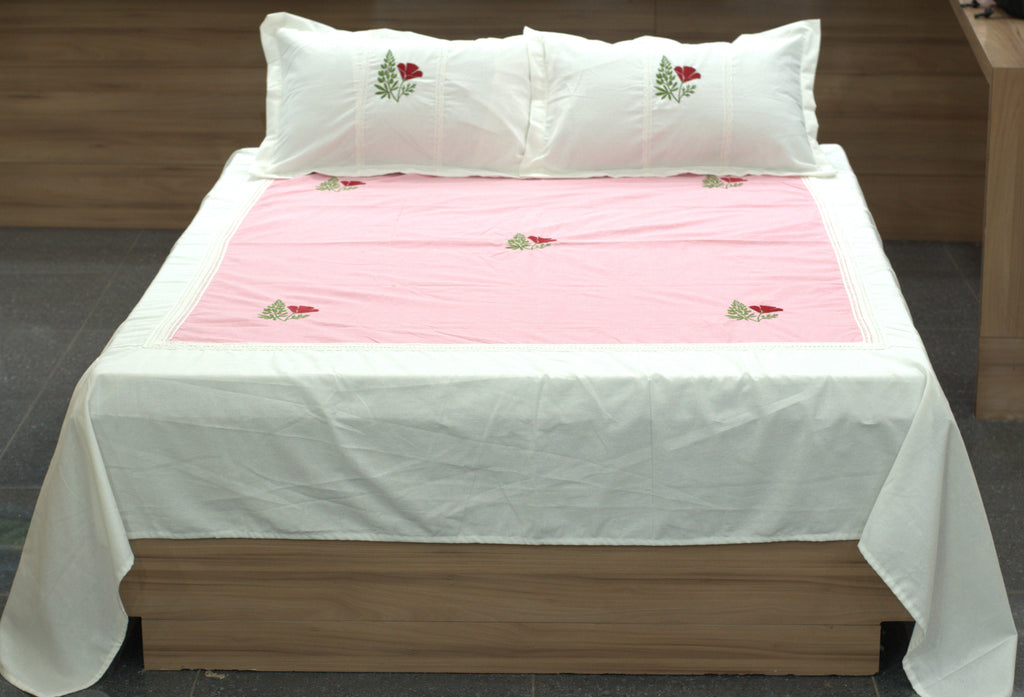 King Size Cotton Bedspread 100×106 Inches | Pink & White Floral Embroidered Bed Cover