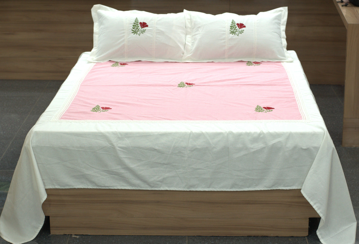 King Size Cotton Bedspread 100×106 Inches | Pink & White Floral Embroidered Bed Cover