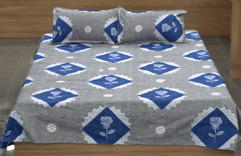 Soft Feel Blend Bedsheet – Grey &amp; Blue Rose Print | 225 x 250 cm