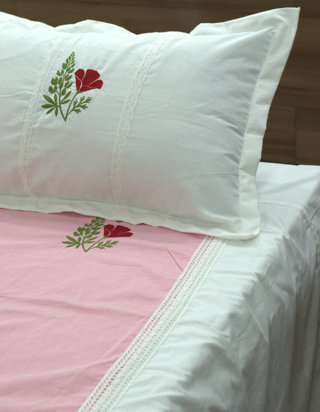 King Size Cotton Bedspread 100×106 Inches | Pink & White Floral Embroidered Bed Cover