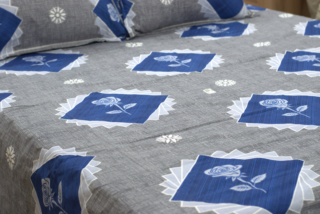 Soft Feel Blend Bedsheet – Grey &amp; Blue Rose Print | 225 x 250 cm