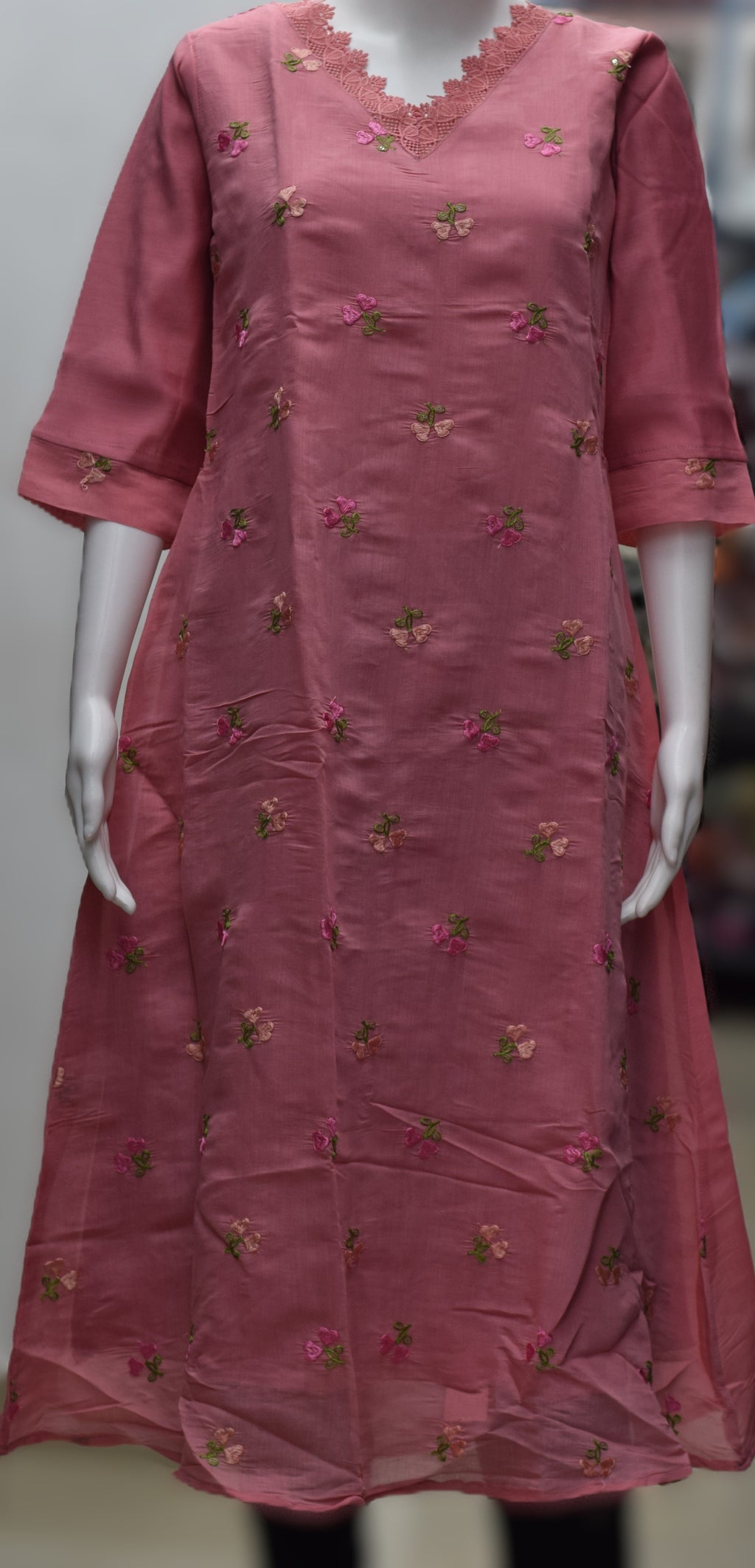 Dusty Rose Floral Embroidered Women's A-Line Top-mull chandari