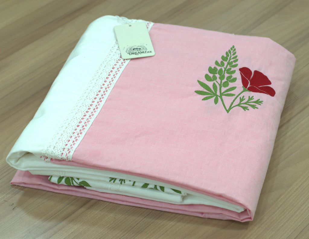 King Size Cotton Bedspread 100×106 Inches | Pink & White Floral Embroidered Bed Cover
