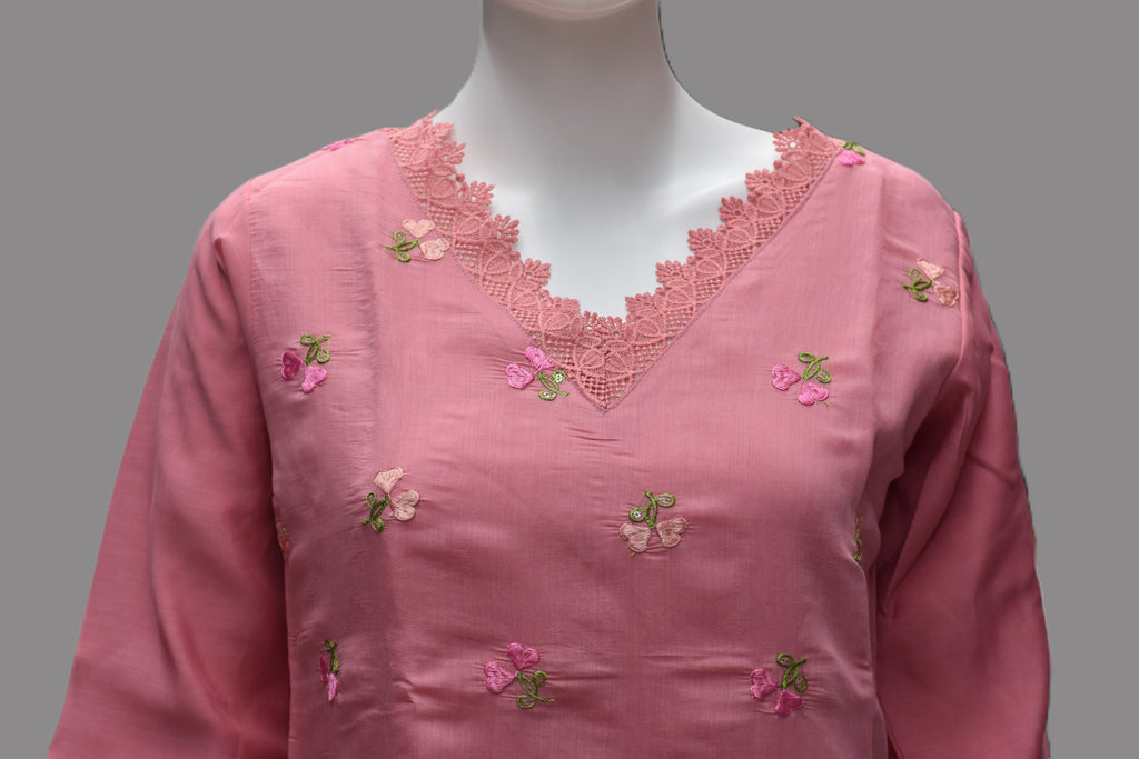 Dusty Rose Floral Embroidered Women's A-Line Top-mull chandari