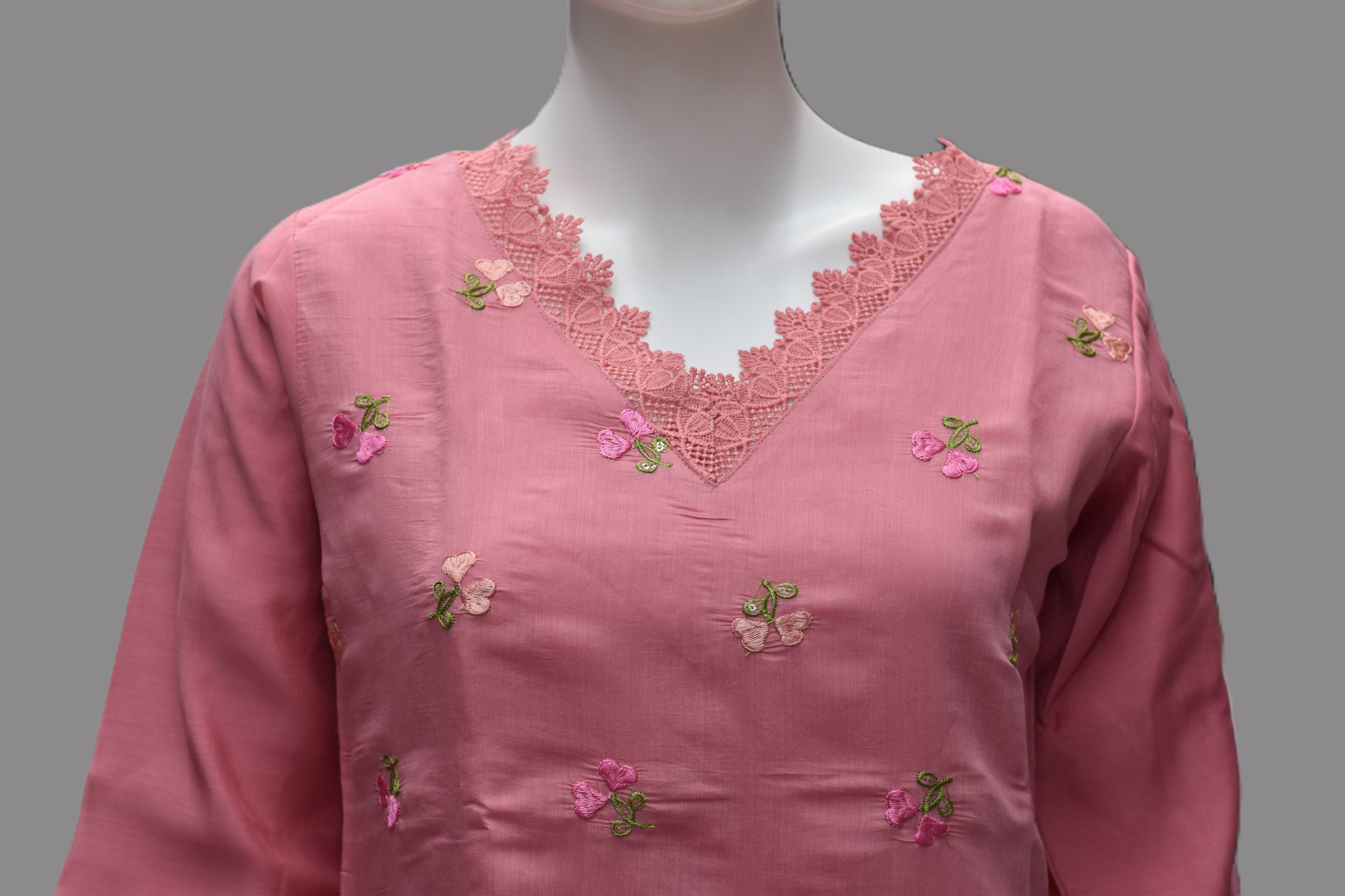 Dusty Rose Floral Embroidered Women's A-Line Top-mull chandari