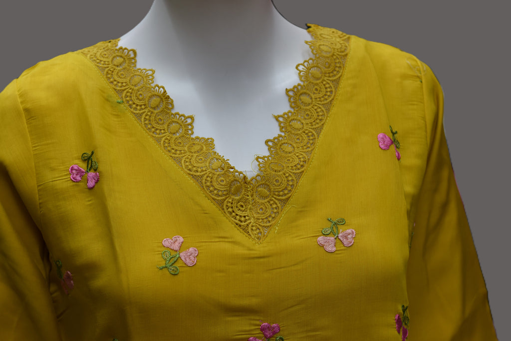 Mustard Yellow Embroidered Women's A-Line mul chandari Top | Floral Embroidery | V-Neck Casual Kurti Top