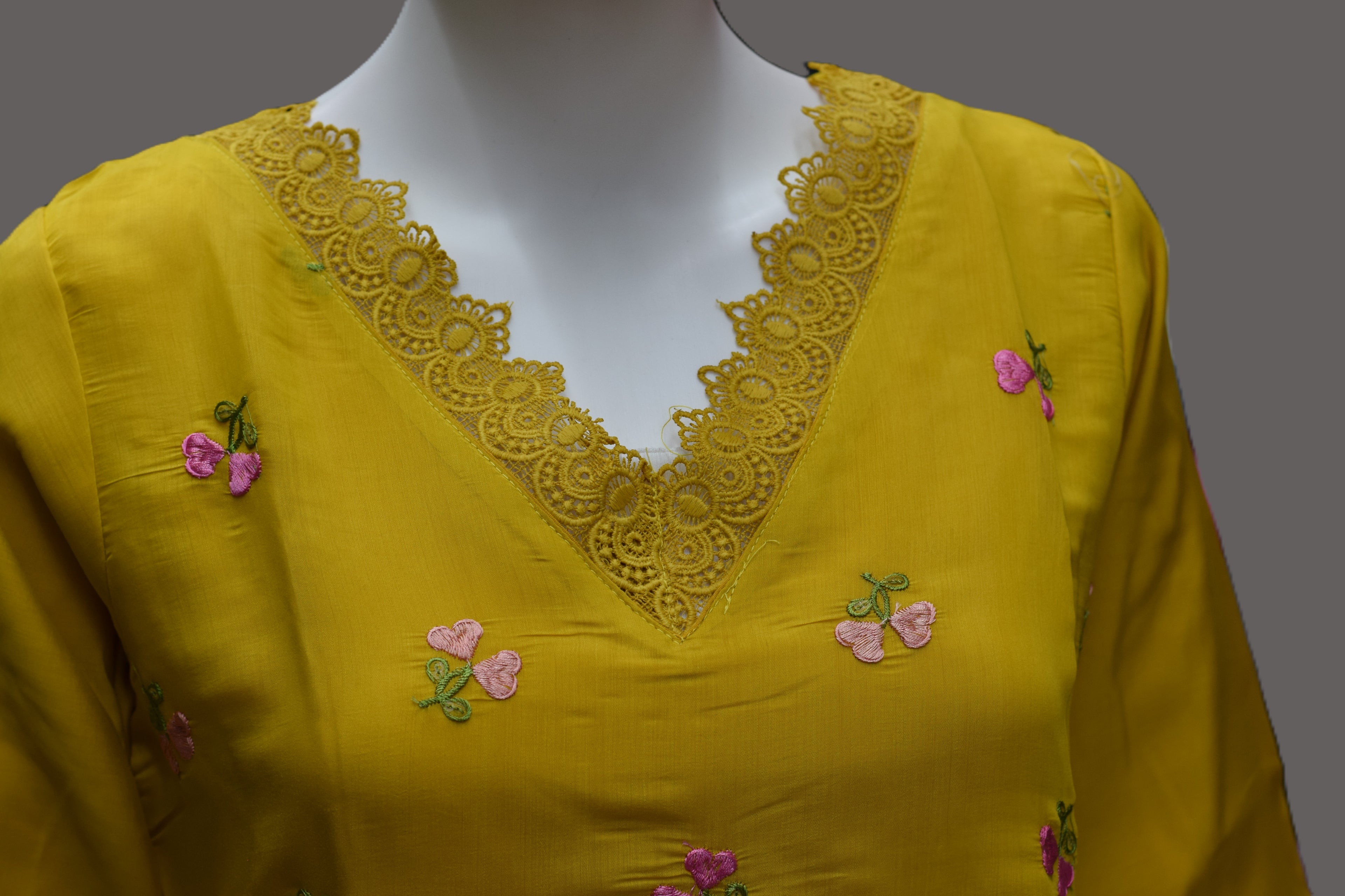 Mustard Yellow Embroidered Women's A-Line mul chandari Top | Floral Embroidery | V-Neck Casual Kurti Top