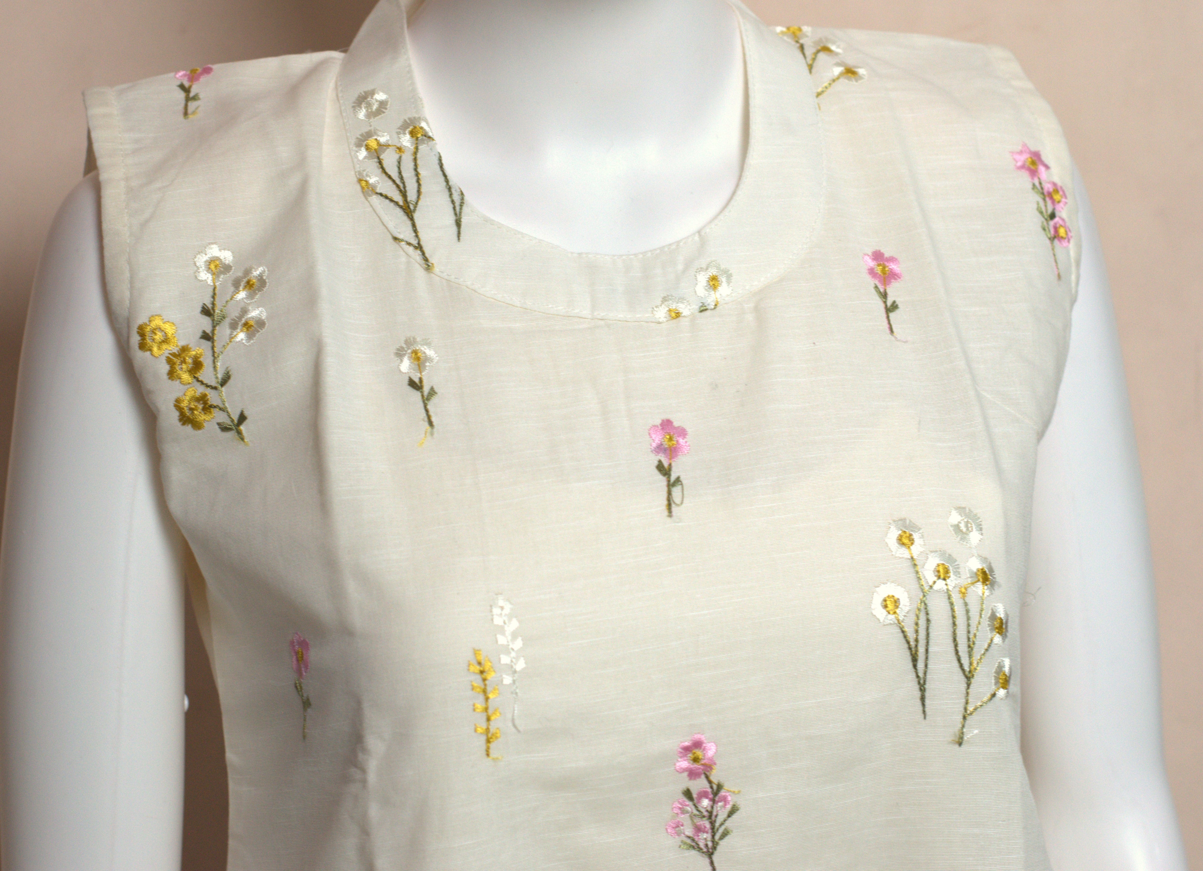 Women's Floral Embroidered Sleeveless Churidar Top | Cotton Blend Kurti Top | Top Only | Sleeve Fabric Included