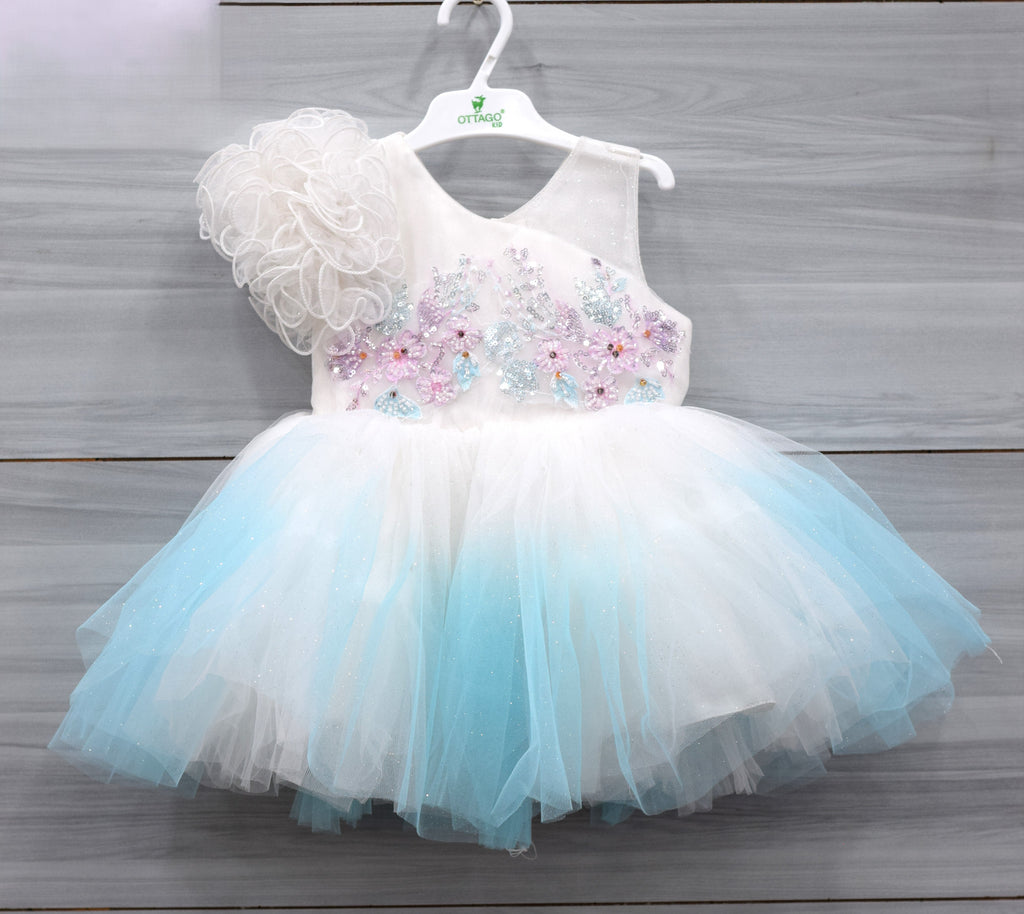 White and Sky Blue Fancy Baby Girl Frock with Floral Embroidery