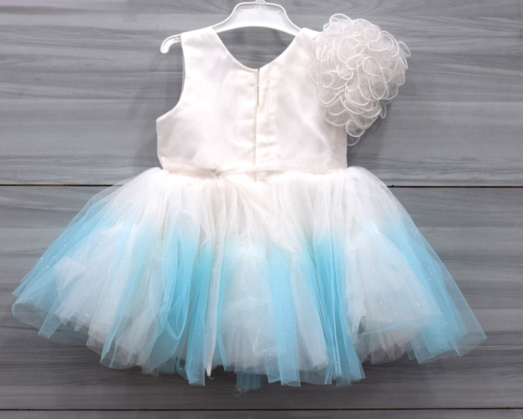 White and Sky Blue Fancy Baby Girl Frock with Floral Embroidery