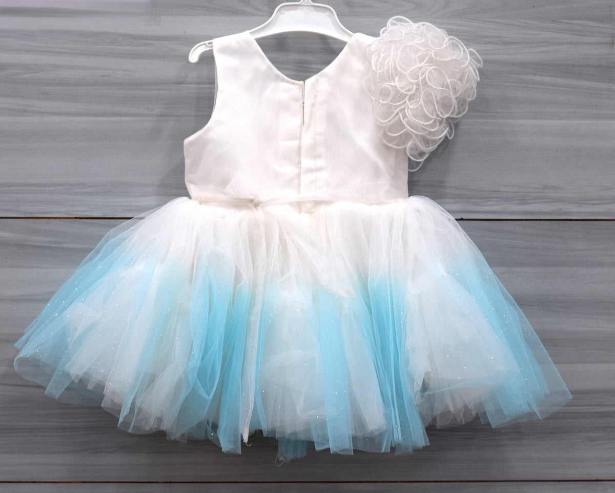 White and Sky Blue Fancy Baby Girl Frock with Floral Embroidery