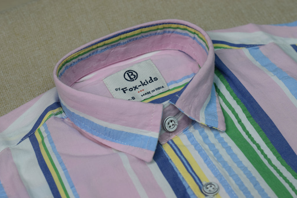 Kids Full Sleeve Cotton Striped Shirt – Pink Multi-Color Casual Button-Down Shirt for Boys