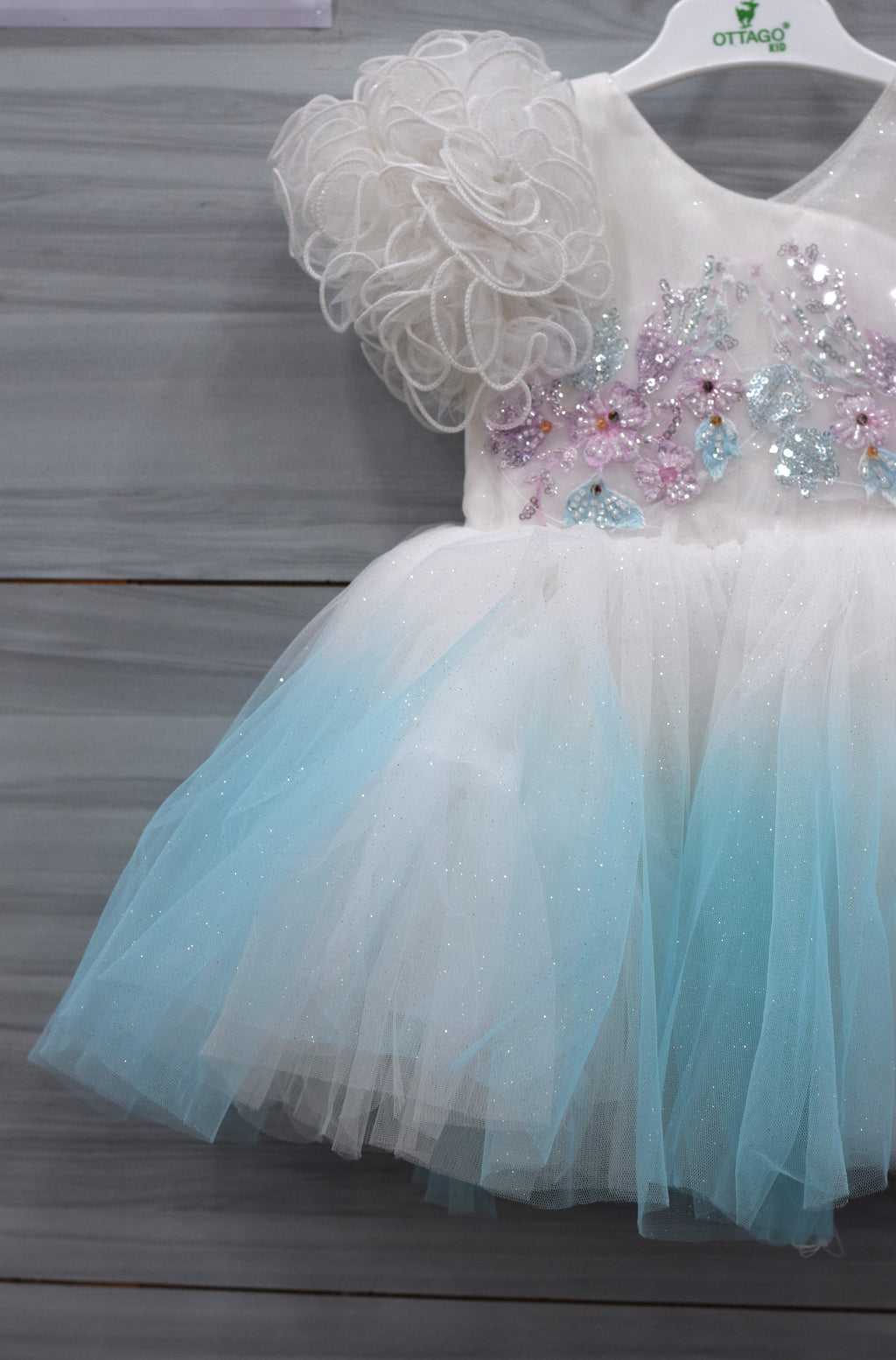 White and Sky Blue Fancy Baby Girl Frock with Floral Embroidery