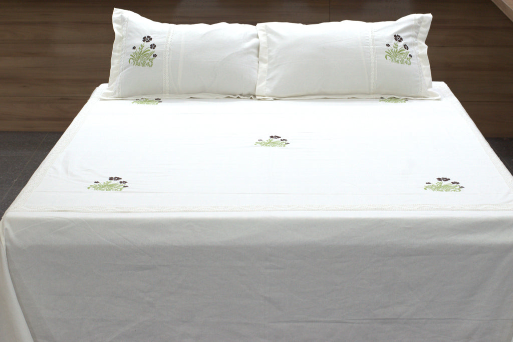King Size White Cotton Bedspread with Floral Embroidery | 100 × 110 Inches