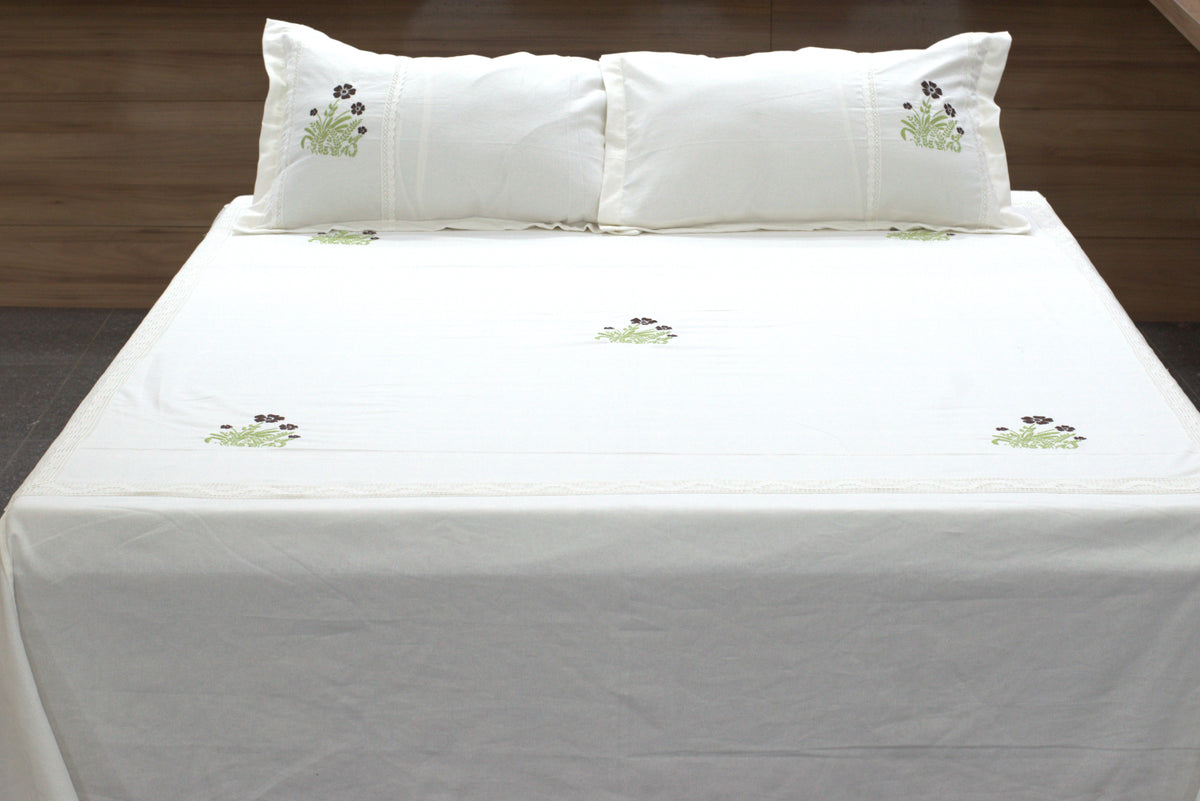 King Size White Cotton Bedspread with Floral Embroidery | 100 × 110 Inches