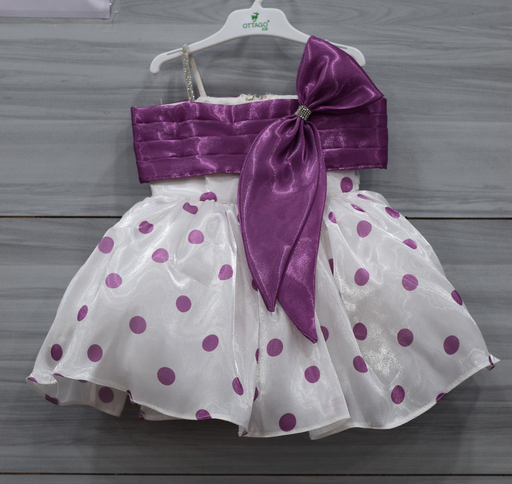 White and Purple Fancy Baby Girl Frock with Polka Dot Print and Satin Bow