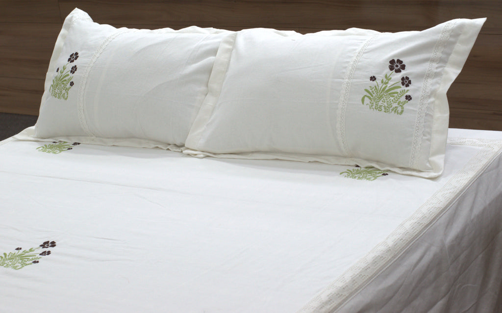 King Size White Cotton Bedspread with Floral Embroidery | 100 × 110 Inches