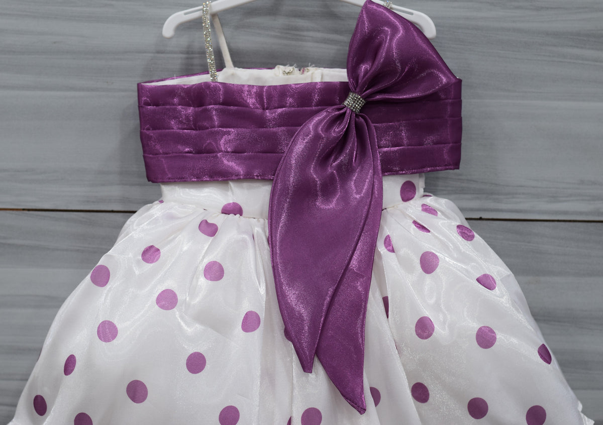 White and Purple Fancy Baby Girl Frock with Polka Dot Print and Satin Bow