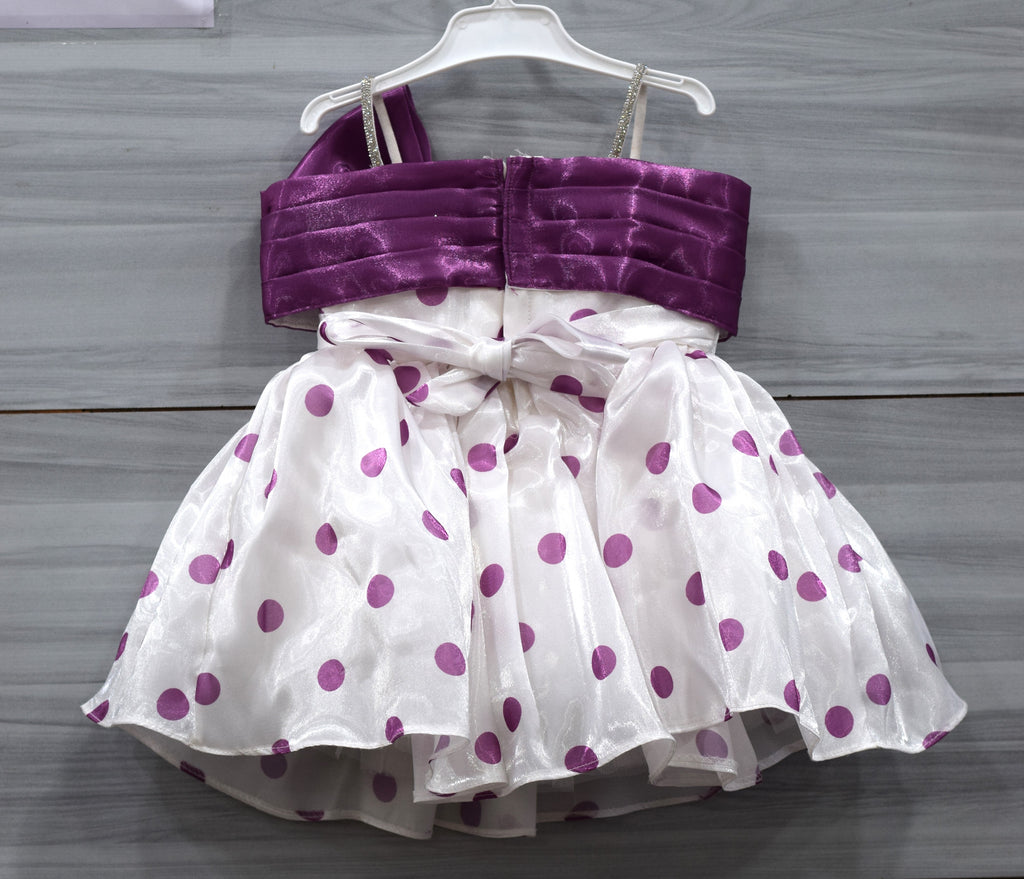 White and Purple Fancy Baby Girl Frock with Polka Dot Print and Satin Bow